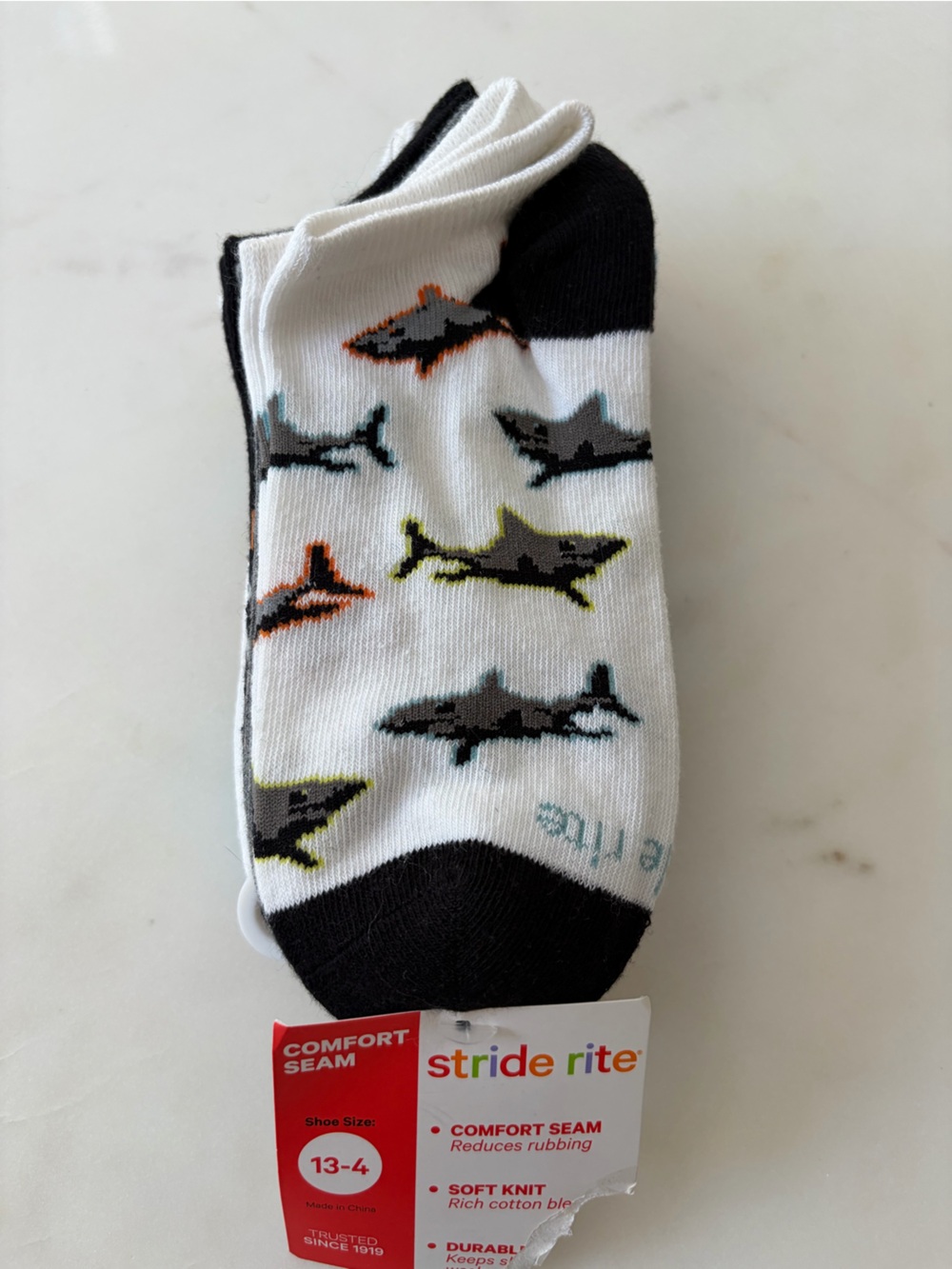 Stride Rite White & Black Kids Shark Pattern Ankle Socks